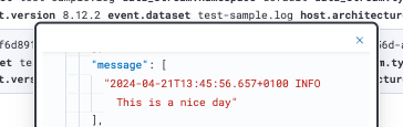Data stream showing log message: "this is a nice day"