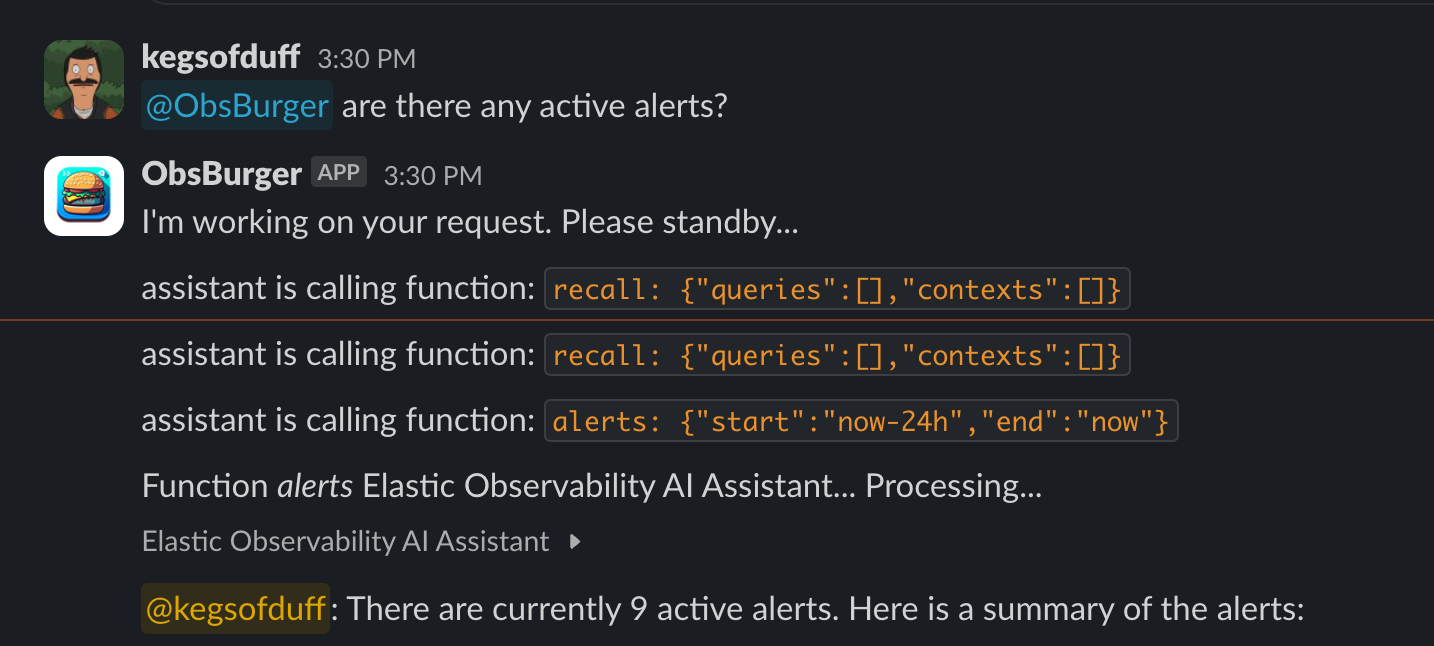 Just like in Kibana, I can as ObsBurger (the AI Assistant) for a list of active alerts
