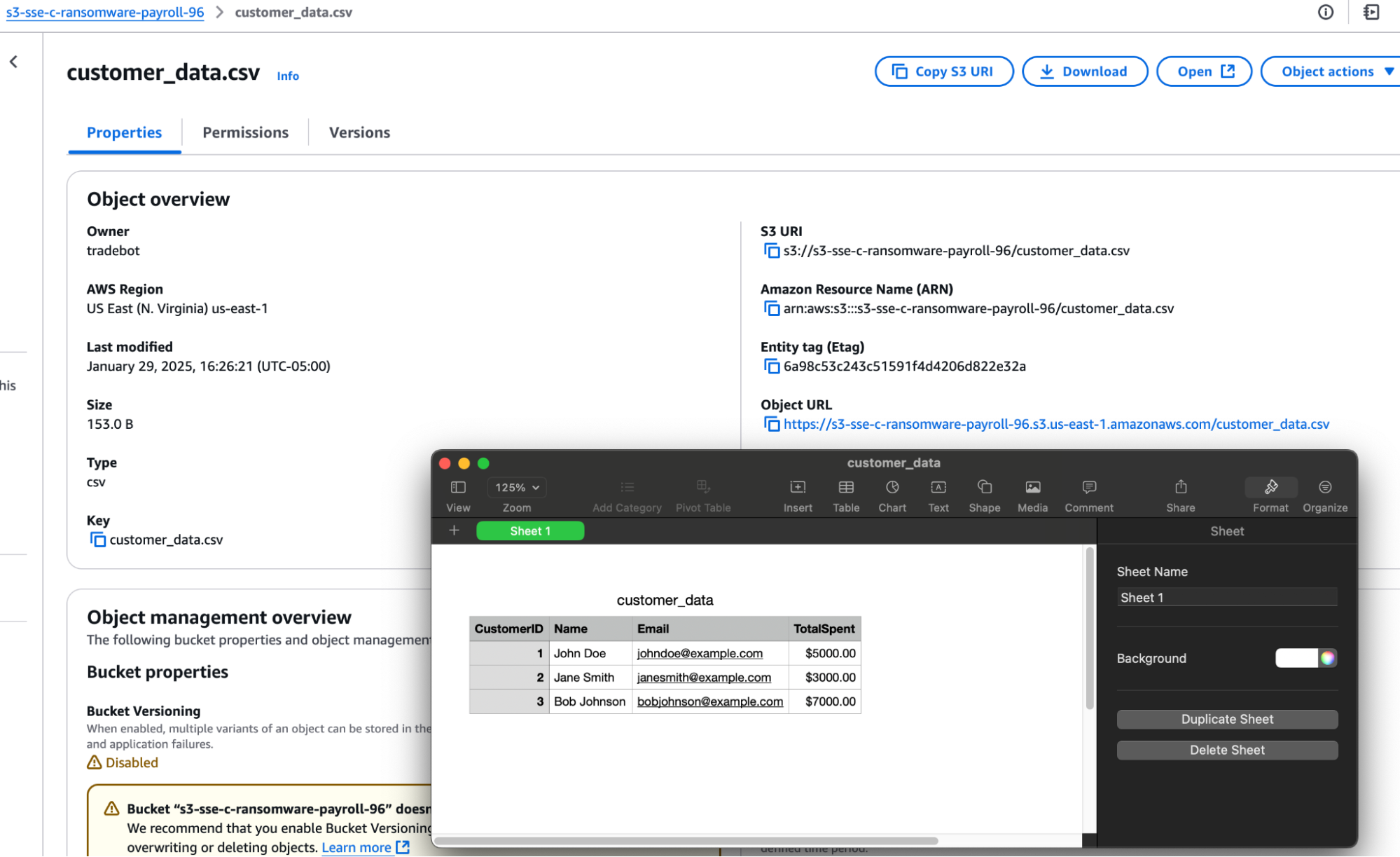Example of infrastructure deployed with unencrypted customer data in our S3 bucket