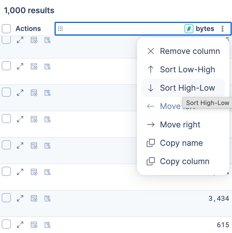 The menu for the bytes column, with Sort High-Low highlighted.