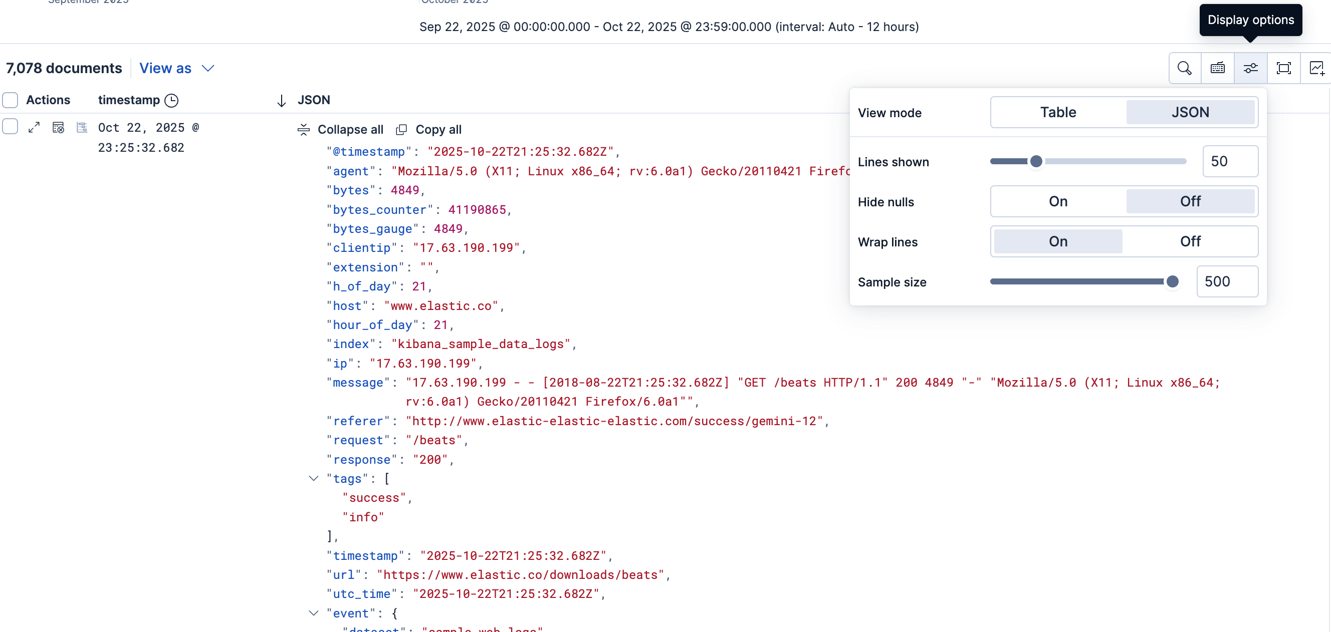 Discover table in JSON view with Display options open