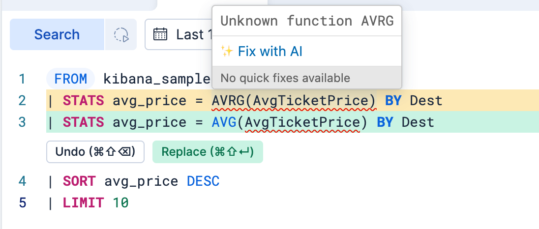 An ES|QL editor showing the original lines and the proposed AI fix highlighted in different colors, with Replace and Undo actions