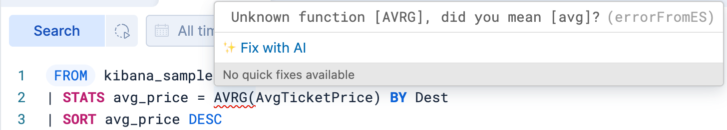 An ES|QL query error popup showing the Fix with AI link