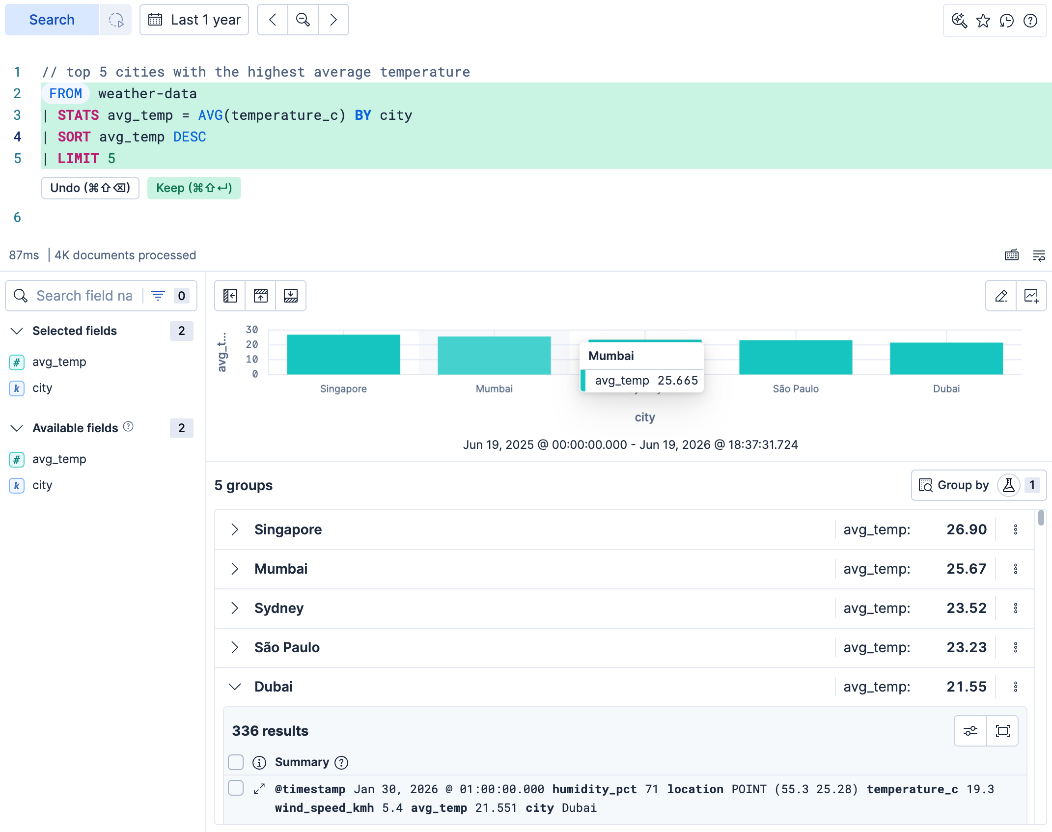 The ES|QL editor showing a query generated from a comment, highlighted with Keep and Undo review actions