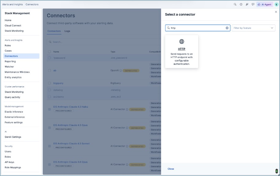Select the HTTP connector type from Stack Management Select the HTTP connector type from Stack Management