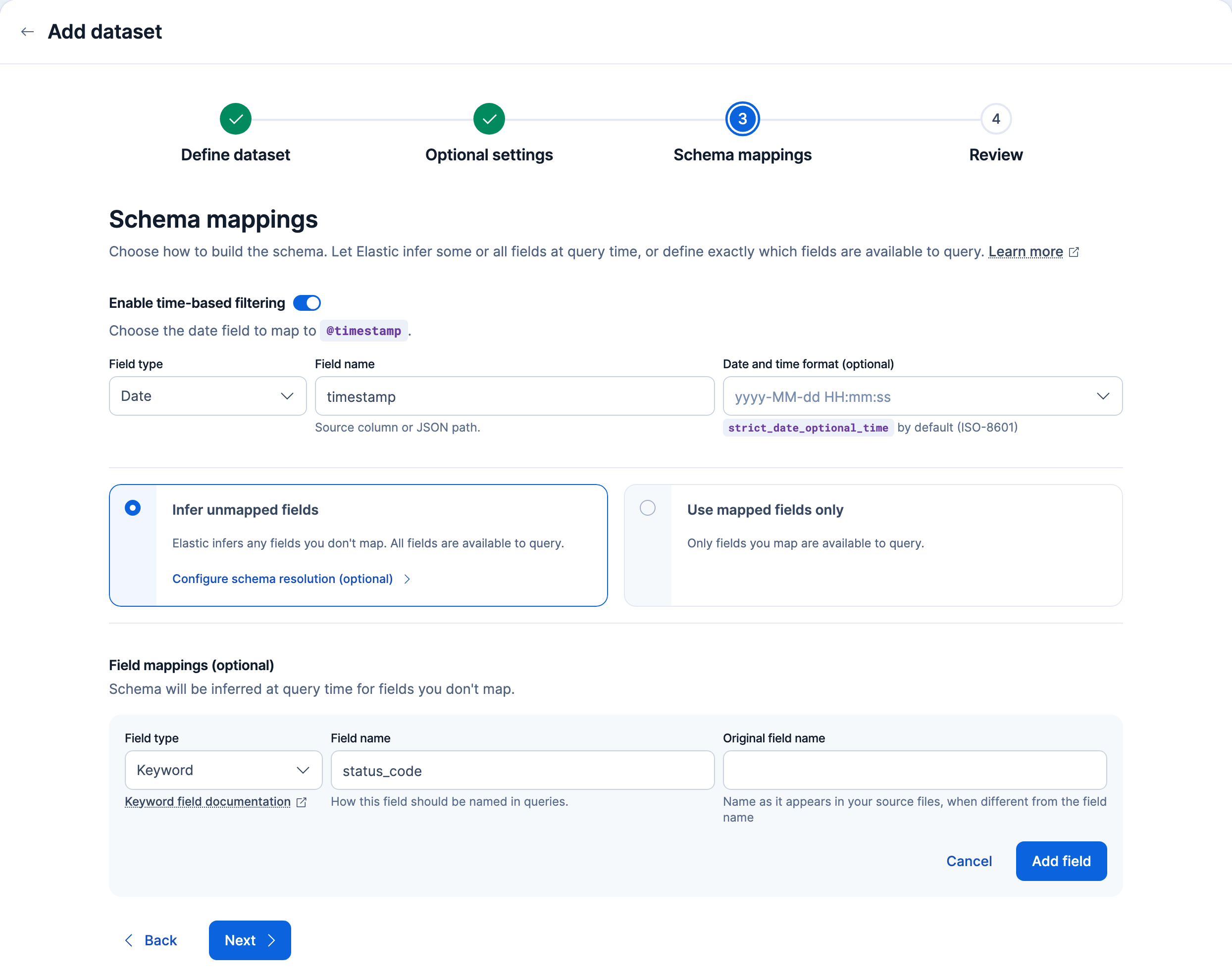 The Schema mappings step with time-based filtering mapped to a timestamp column and the Add field form open for a status_code keyword field The Schema mappings step with time-based filtering mapped to a timestamp column and the Add field form open for a status_code keyword field