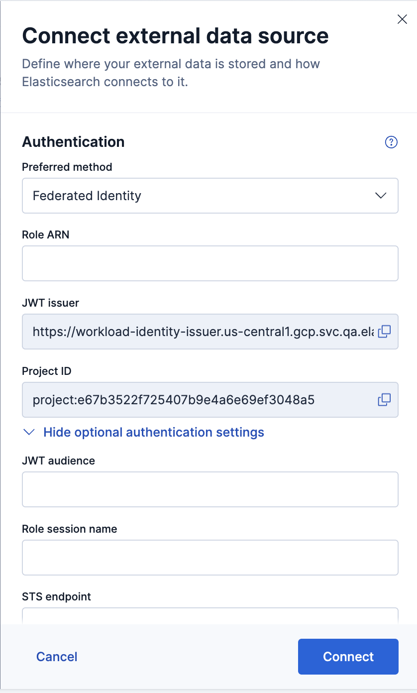 The Connect data source flyout with Federated Identity selected, showing the read-only JWT issuer and project ID fields
