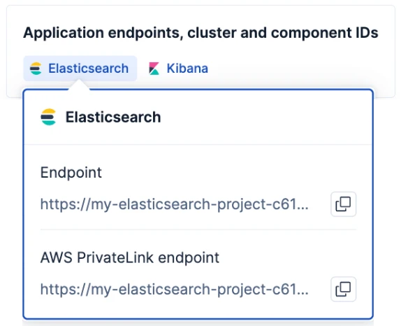 The Elasticsearch panel on a Serverless project page in the Elastic Cloud Console, showing the Endpoint and AWS PrivateLink endpoint values with copy buttons
