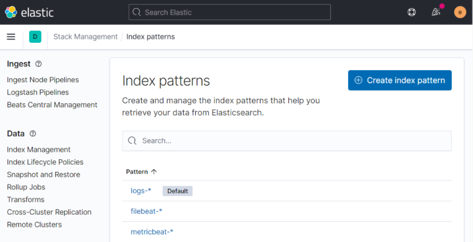 A screen capture of the Kibana Index patterns page listed