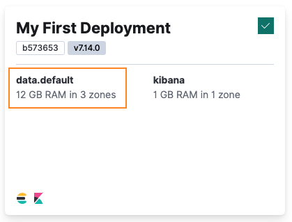 The My First Deployment card in the ECE UI now shows the Elasticsearch cluster sized at 12GB RAM in 3 zones