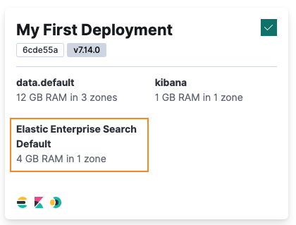 The My First Deployment card in the ECE UI now shows Elastic Enterprise Search sized at 4GB RAM in 1 zone