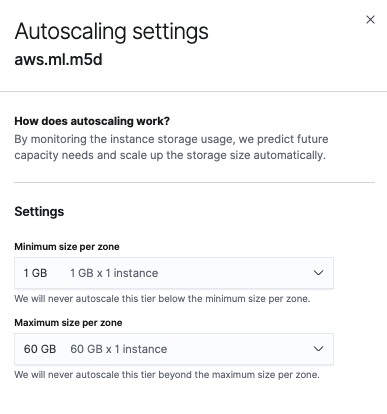 A screenshot showing the autoscaling settings for the machine learning node