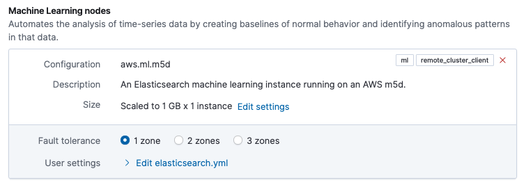 A screenshot showing sizing information for the autoscaled machine learning node