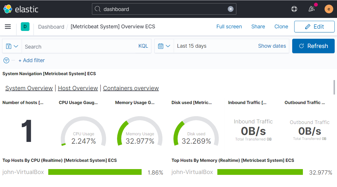 A screencapture of the Kibana dashboard named Metricbeat System Overview ECS