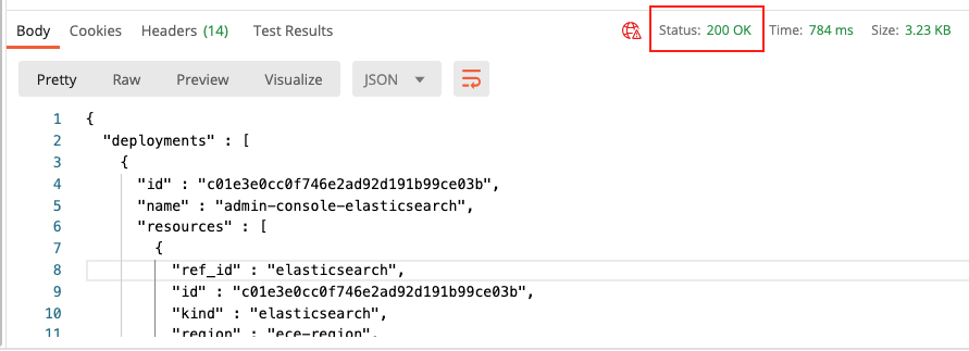 The status for the submitted request showing '200 OK' and the JSON response