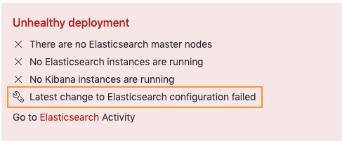 A screen capture of the deployment page showing an error: Latest change to Elasticsearch configuration failed.
