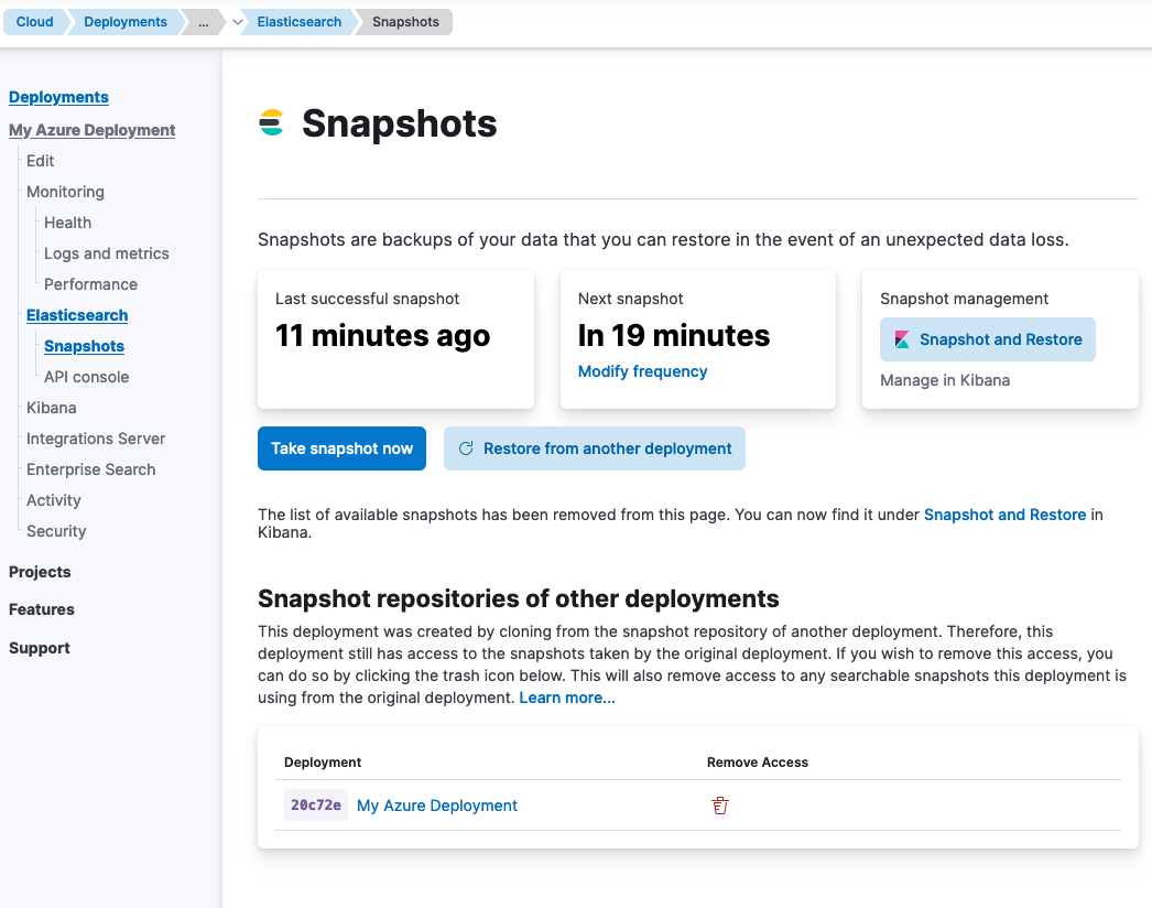 View of the old snapshot repository in the Cloud UI