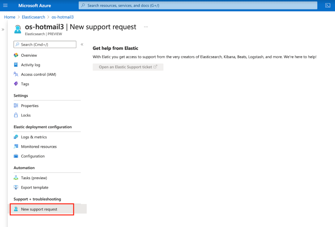 The New Support Request page in Azure
