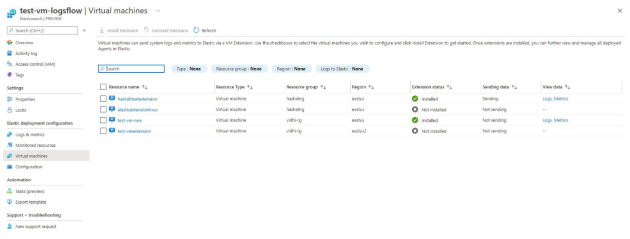 The Virtual Machines page in Azure