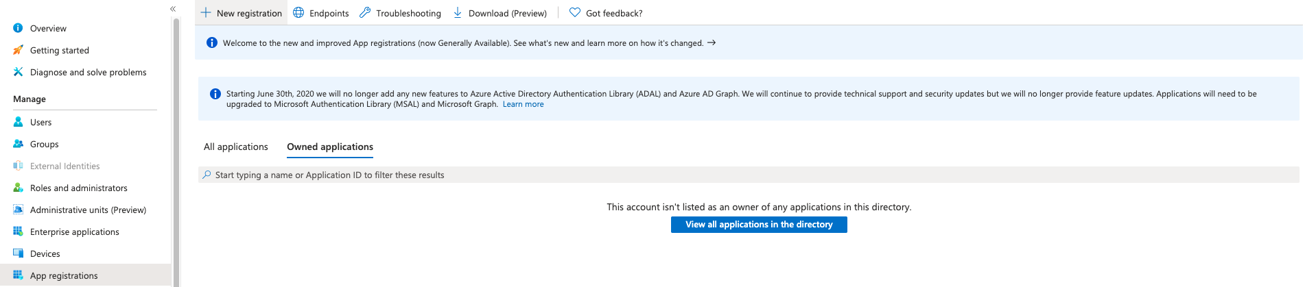 A screenshot of the Azure Owned Applications tab on the New Registration page