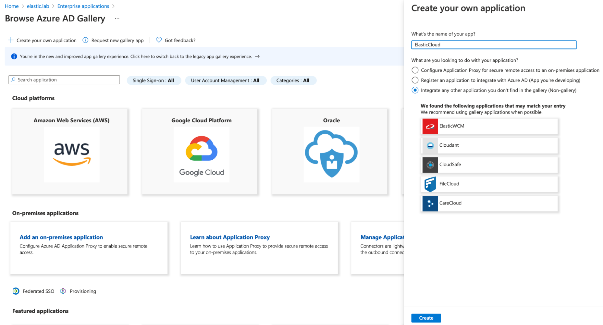 The Azure Create your own application flyout