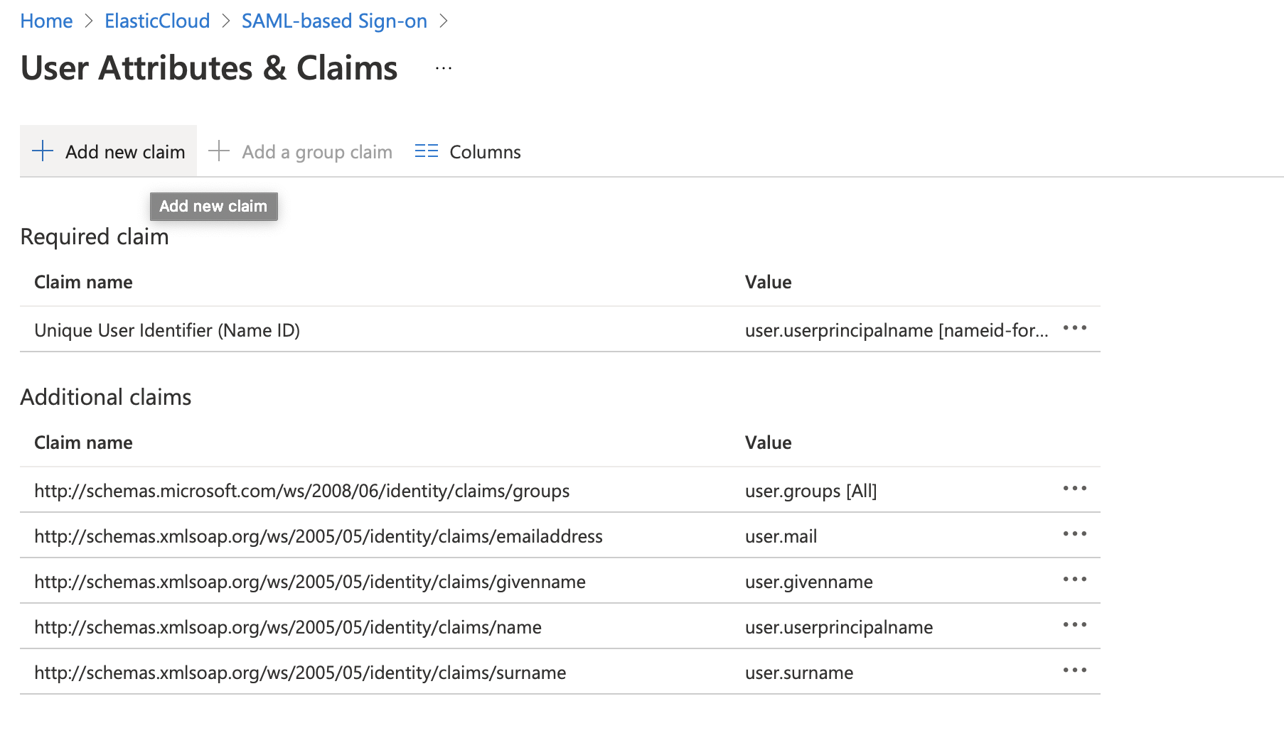 The Azure User Attributes & Claims page