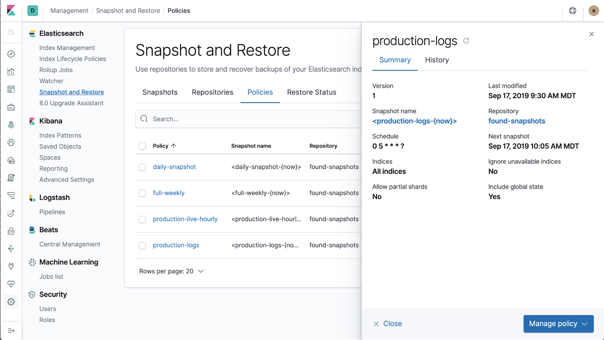 Policies view in Snapshot and Restore