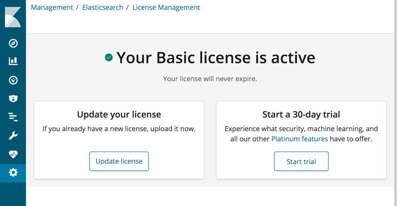 The License Management page in Kibana