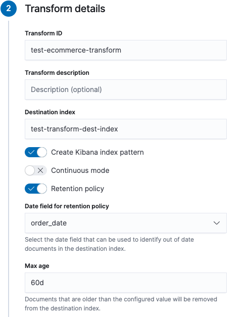 Adding transfrom ID and retention policy to a transform in Kibana