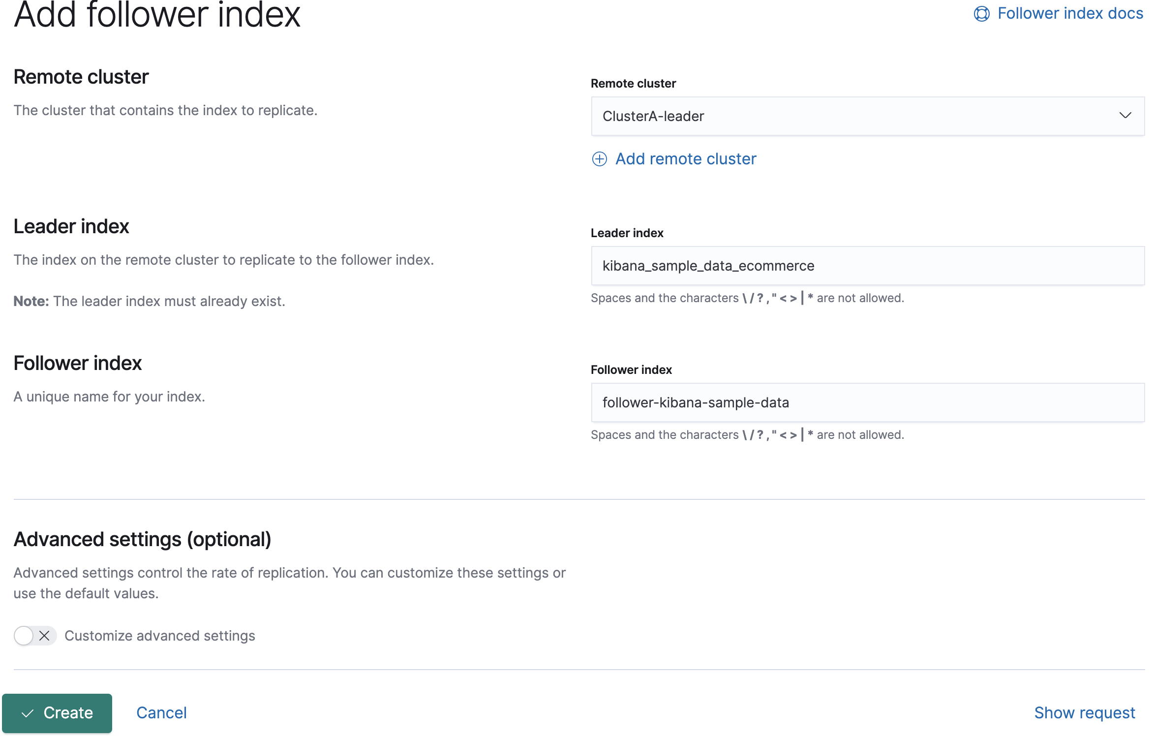 Adding a follower index named server-metrics in Kibana