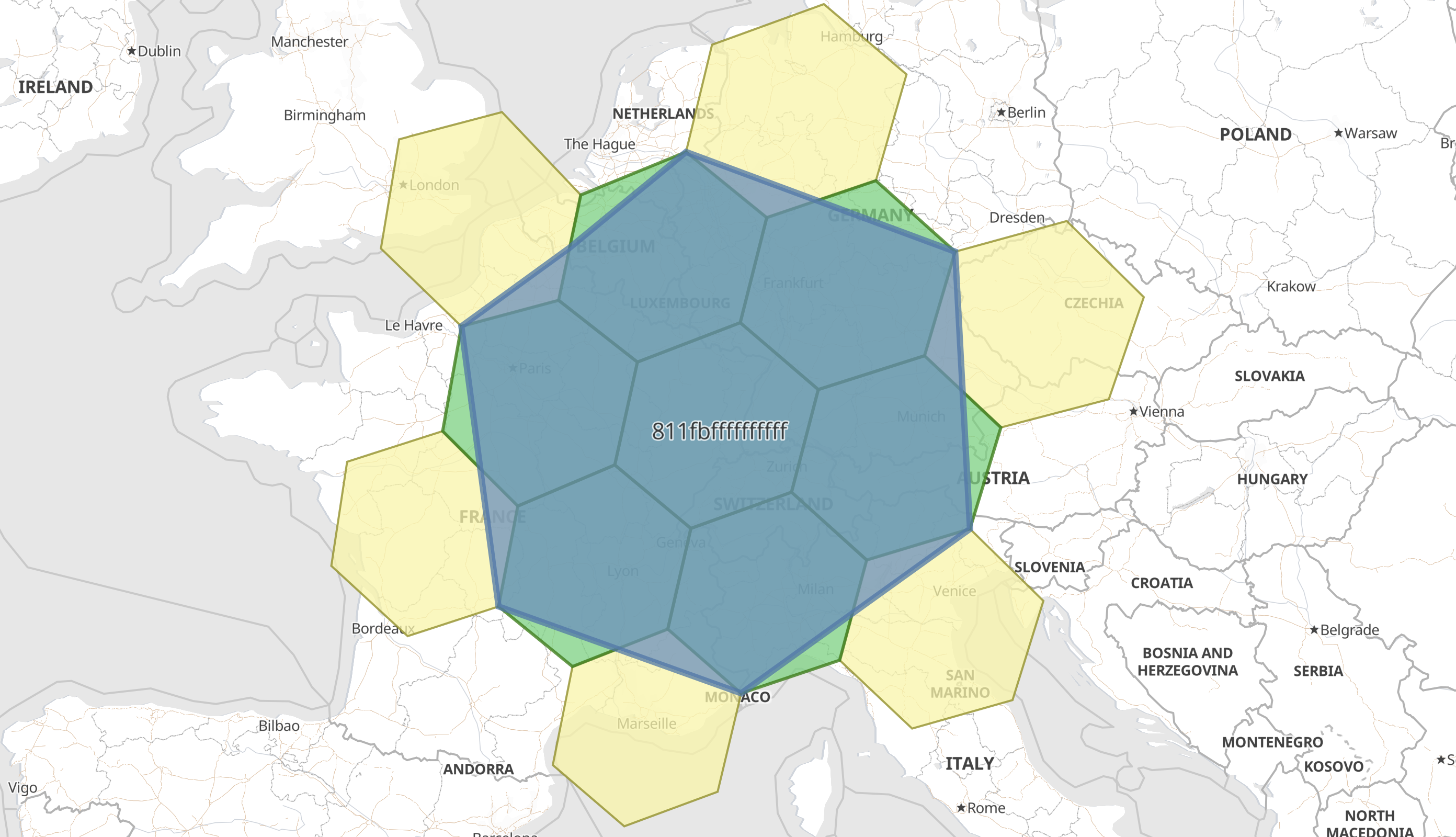 Kibana map with three H3 layers: cell