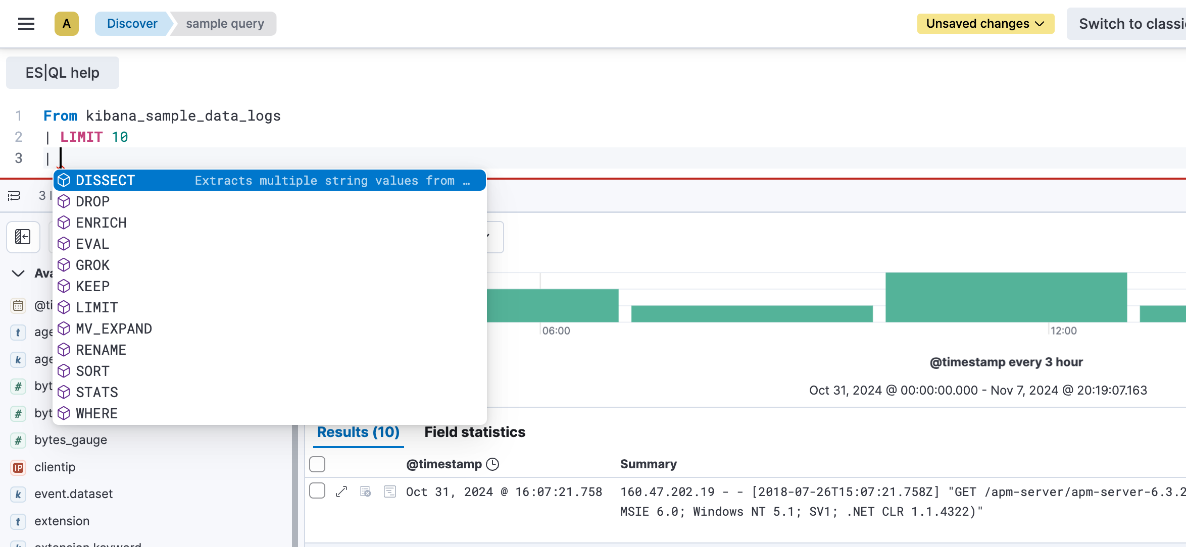 esql kibana auto complete