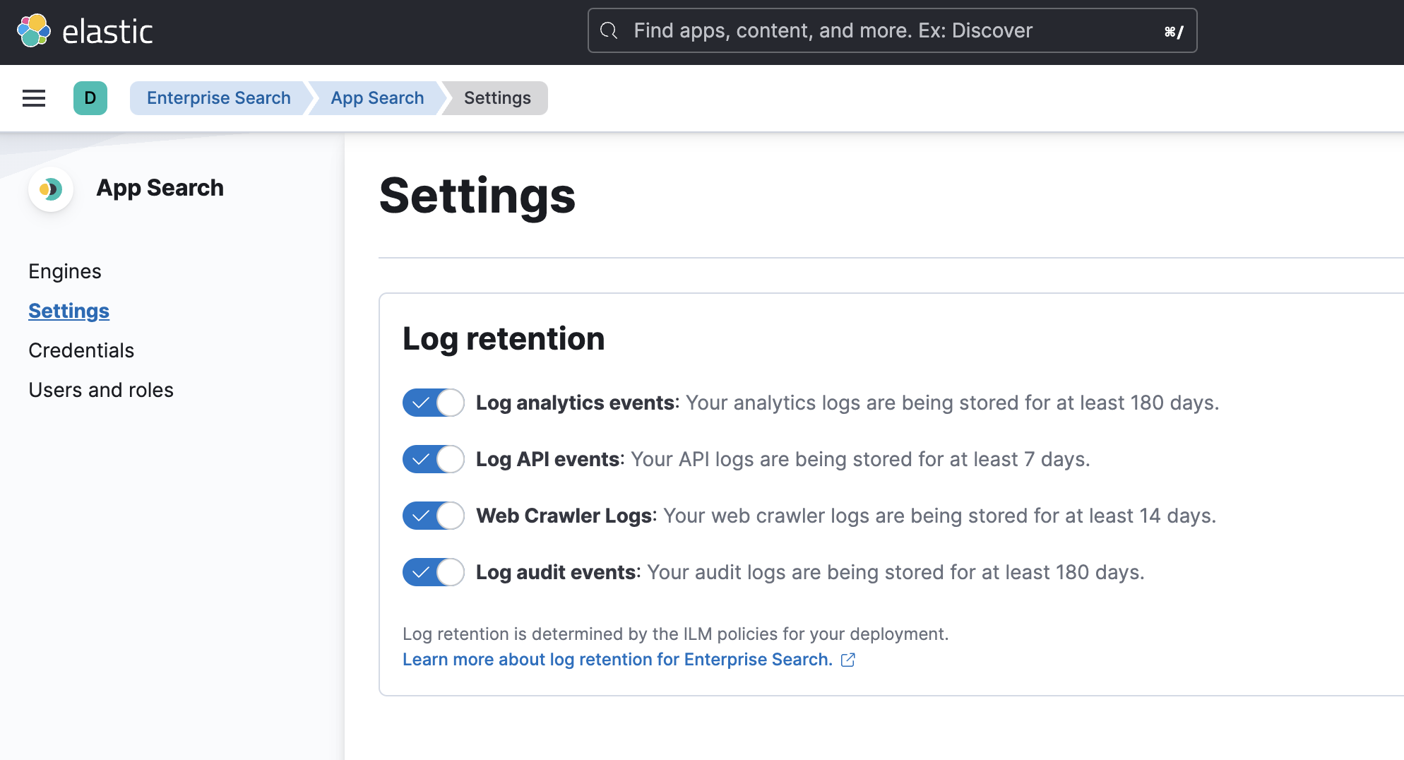 App Search Settings page with Log audit events toggle