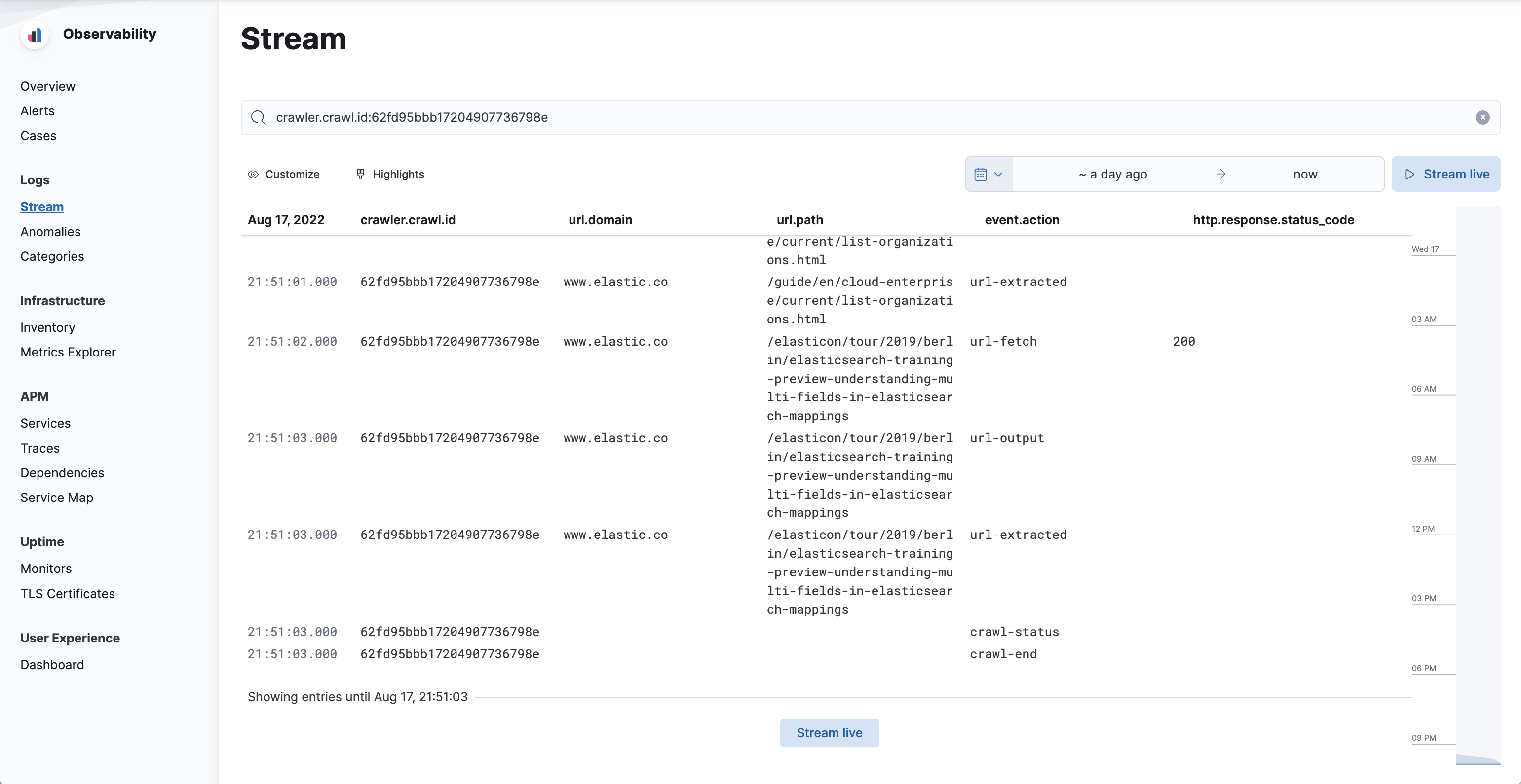 A picture of the crawler events logs viewer, filtering by a crawl request ID.
