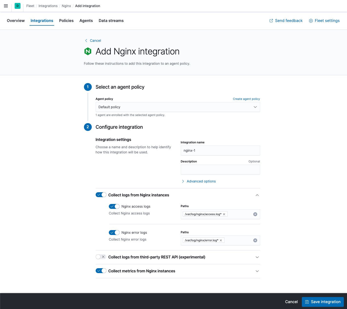 Fleet Add Nginx integration page