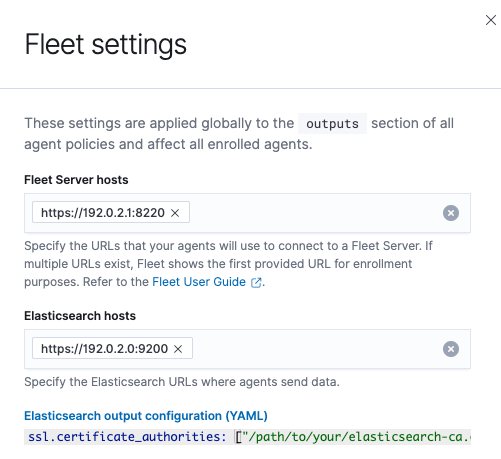 Screen capture that shows Fleet Server hosts
