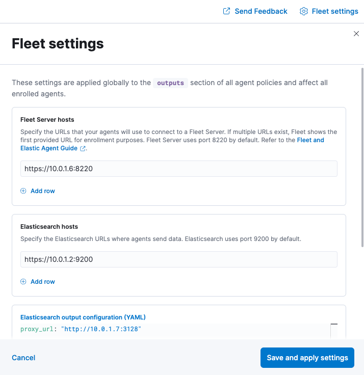 Screen capture of Fleet settings UI showing proxy_url setting