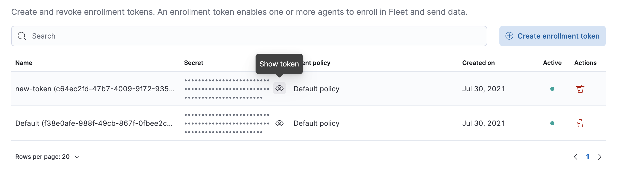 Enrollment tokens tab with Show token icon highlighted