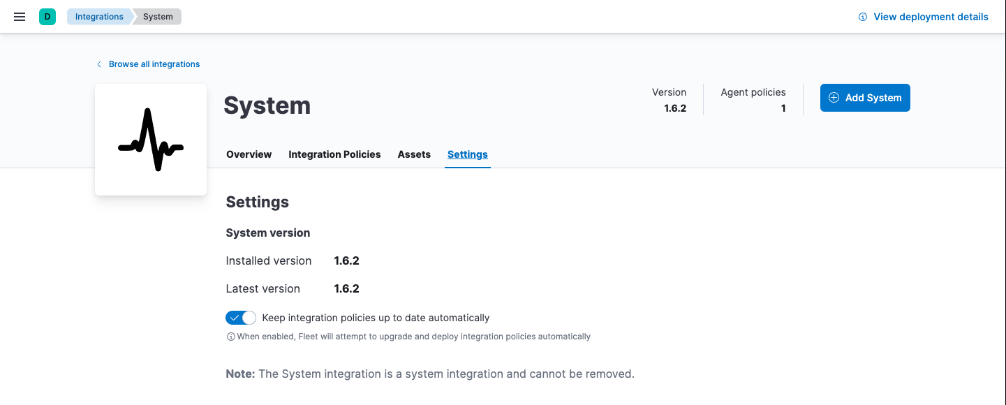Settings tab under Integrations shows how to keep integration policies up to date automatically