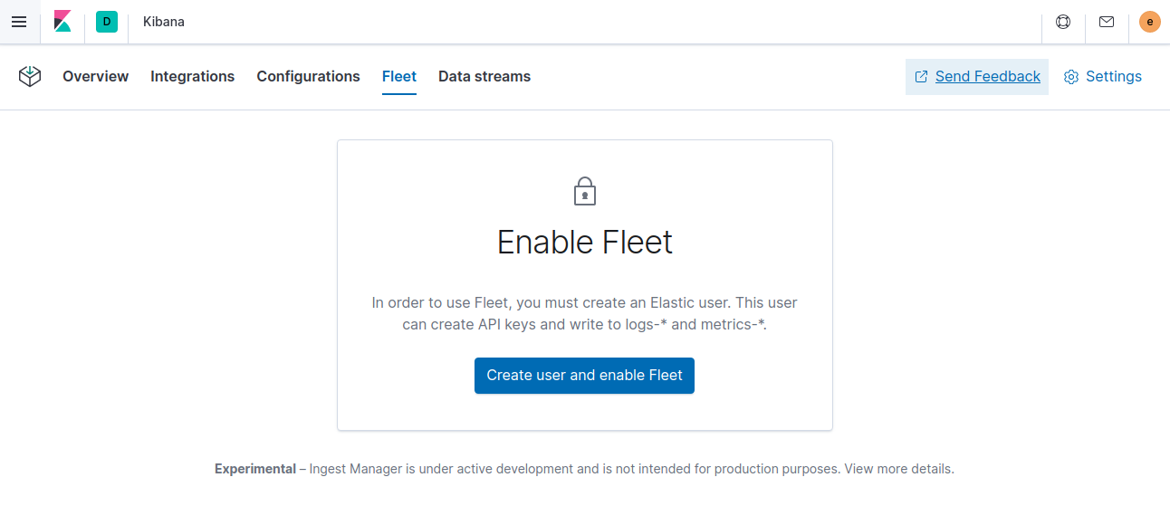 Ingest Manager app showing prompt to enable Fleet