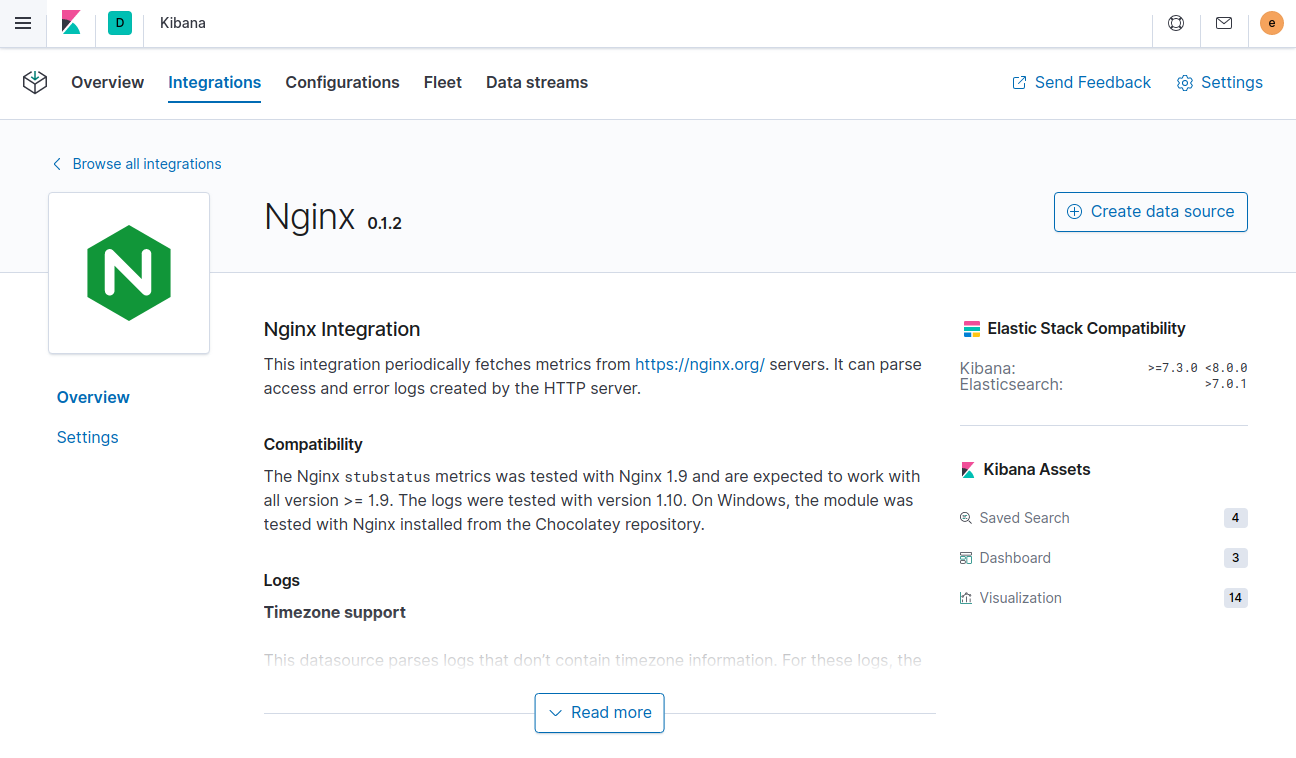 Ingest Manager app showing Nginx Integration overview