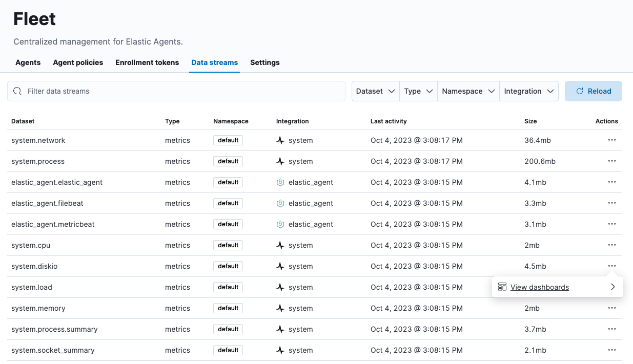 Screen showing data streams created by the Elastic Agent