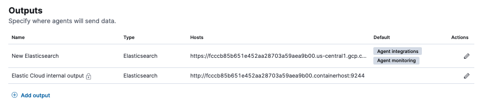 Outputs section showing the new Elasticsearch host setting