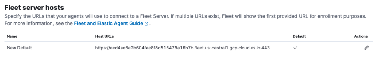 Fleet server hosts showing the new host URL