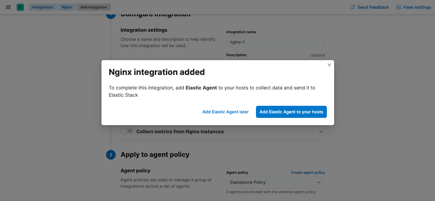 Popup window showing the option to add Elastic Agent to your hosts