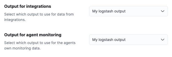 Screen capture showing the Logstash output policy selected in an agent policy