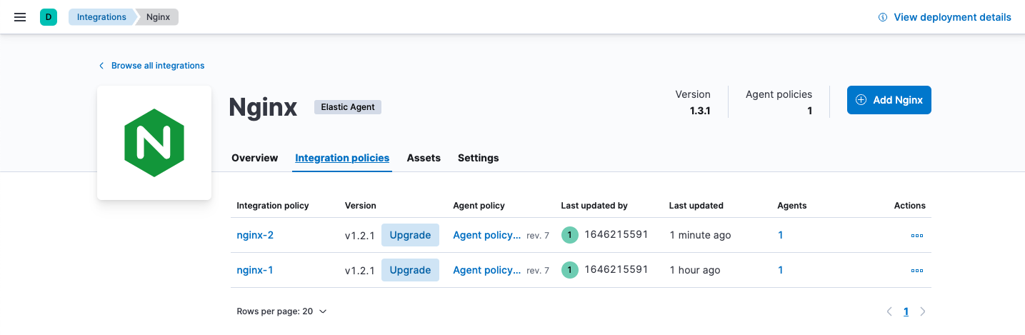 Policies tab under Integrations shows how to upgrade the package policy